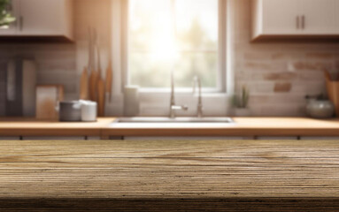 Beautiful natural wooden table with cozy kitchen background. The table has a natural wood finish with visible grain patterns. The ambiance is warm and inviting.