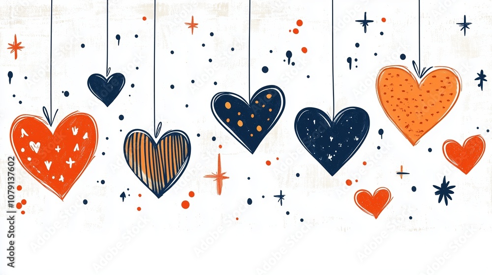 Poster row of hearts hanging from a string, with some of them having stripes. the hearts are of different s