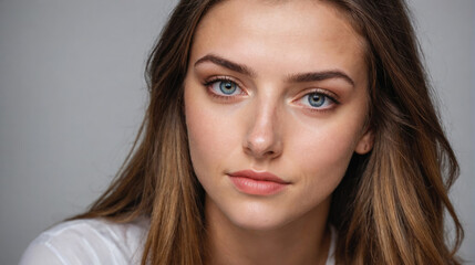 Obraz premium A woman with long brown hair and blue eyes looks directly at the camera