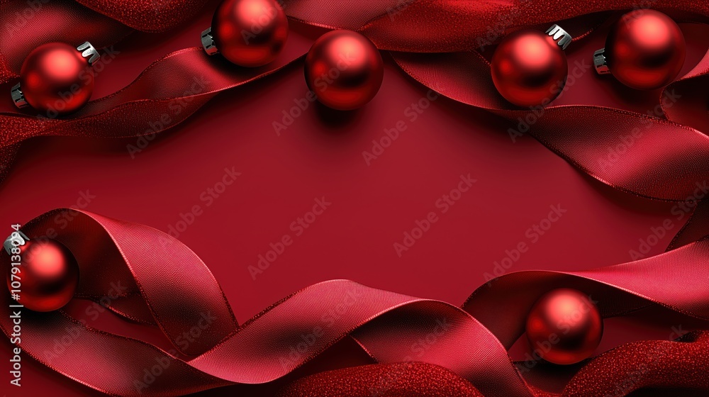 Poster red ribbon with red balls on it. the ribbon is in the center of the image