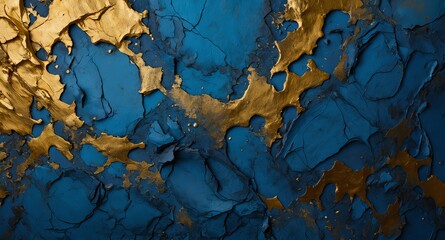 Abstract close-up of a textured surface with bold blue and gold cracked patterns, creating a luxurious and artistic background with high contrast.