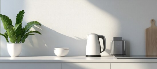 Coffee maker and sleek electric tea kettle on a stylish kitchen counter modern home living space