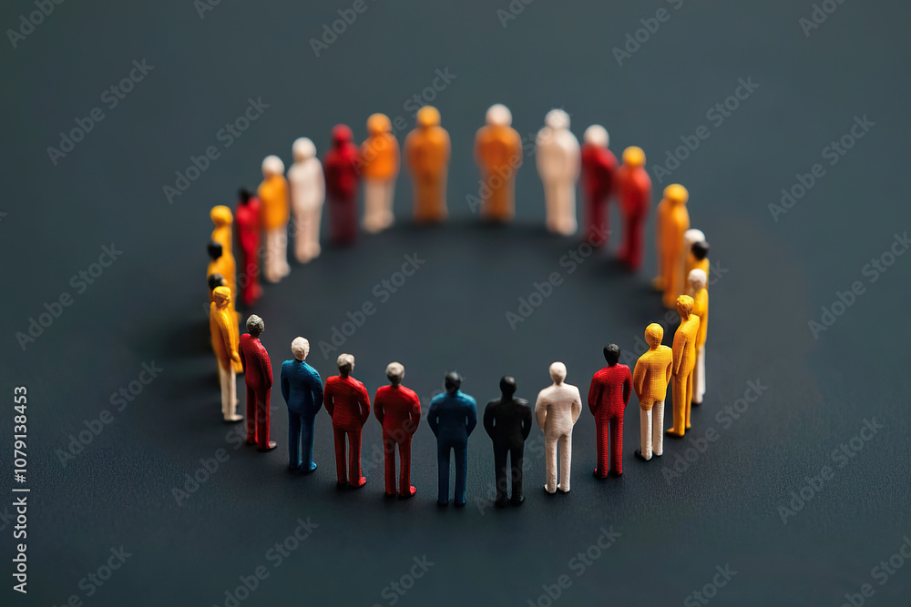 Poster inclusion and teamwork are symbolized by circle of diverse figurines, representing unity and collabo