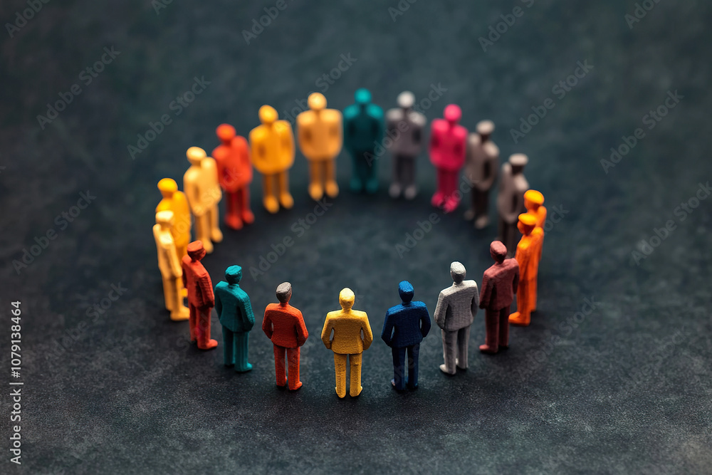 Poster diverse group of miniature figurines standing in circle, symbolizing inclusion and teamwork. colorfu