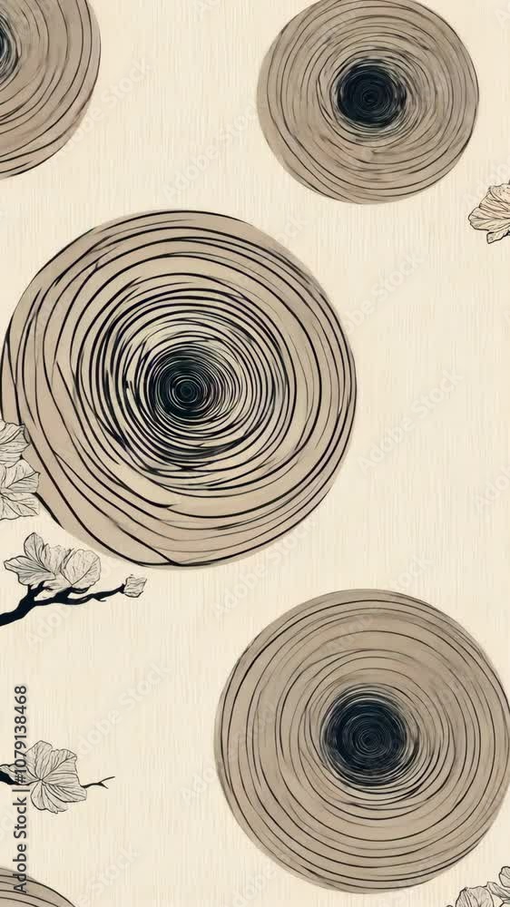 Poster an abstract design with concentric circles and stylized flowers on a beige background