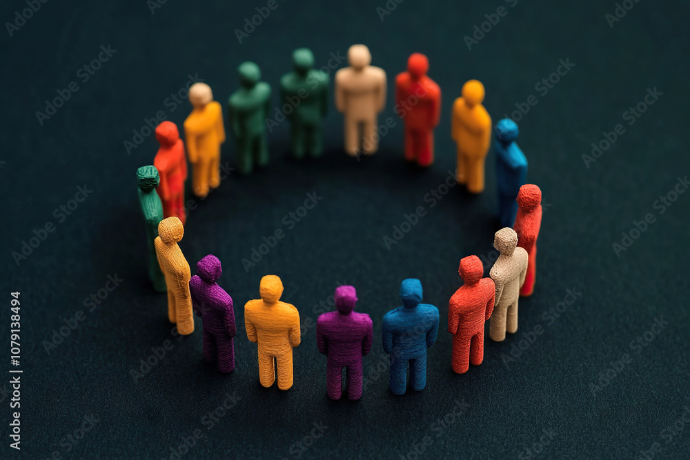 Poster inclusion and teamwork are symbolized by colorful figures in circle, representing unity and collabor