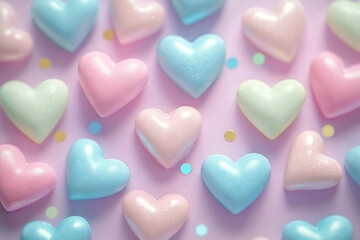 Obraz premium Colorful pastel hearts scattered on soft background create cheerful and playful atmosphere, perfect for celebrations or sweet treats
