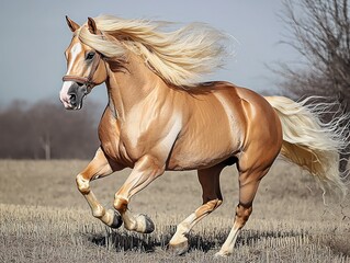 Red and palomino horse with a flowing mane in action on a field