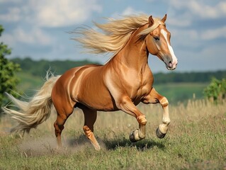 Red and palomino horse with a flowing mane in action on a field