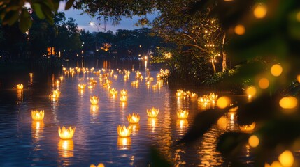 Enchanting Loy Krathong River Scene with Glowing Krathongs Reflecting on Water Surface Creating a Magical Atmosphere, Ultra-Detailed Capture