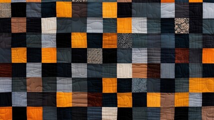 Quilt made of many different colored squares. The squares are black, brown, and orange