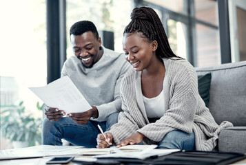 Home, black couple and smile with paperwork on sofa for finance plan or interest rate on loan...