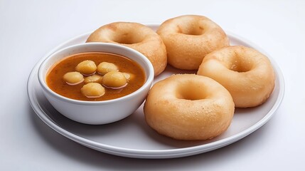 Plate of doughnuts and a bowl of soup. The doughnuts are golden brown and the soup is red