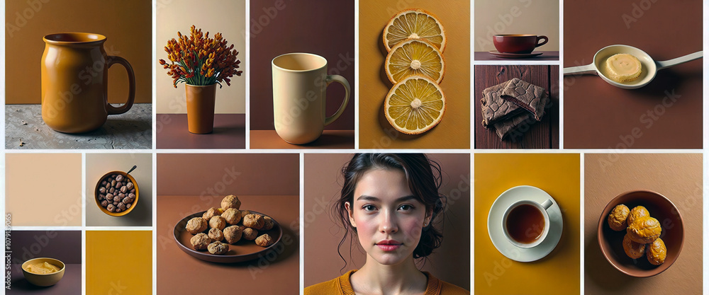 Poster a collection of various items, including vases, cups, and a bottle, arranged on a table. scene is wa