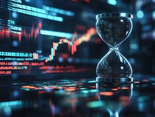 Hourglass infront of stock crypto market symbolizing right time to buy or sell