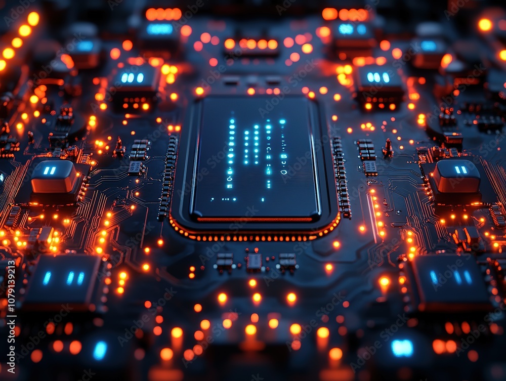 Poster close-up of a computer motherboard with glowing lights and a central processing unit.