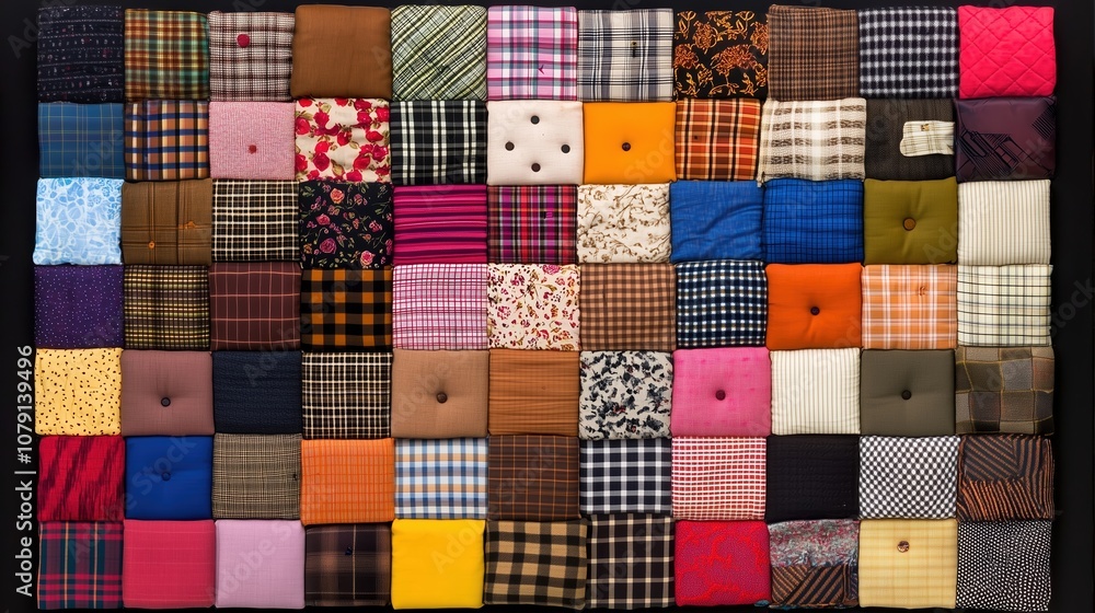 Poster patchwork quilt made of many different colored squares. the quilt is made of many different patterns