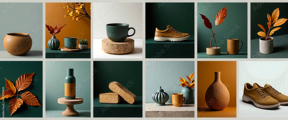 Poster a collection of various items, including vases, cups, and a bottle, arranged on a table. scene is wa