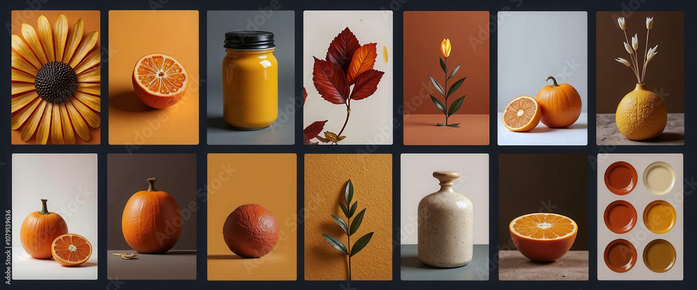 Poster a collection of images featuring oranges, vases, and other objects. the mood of the images is bright