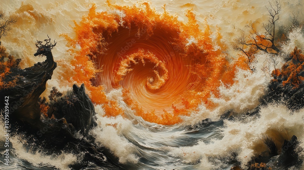 Aufkleber painting of a wave with a tree in the middle of it. the tree is surrounded by the wave and the paint