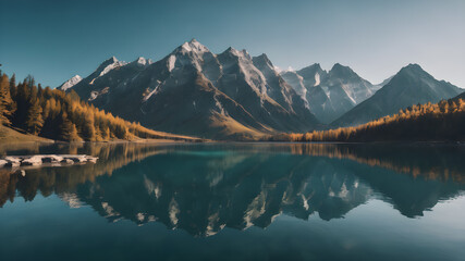 View of a beautiful mountain lake. Mountain lake reflection. Beautiful mountain lake. Mountain lake landscape.  AI generated image, ai