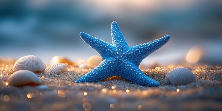 A vibrant blue starfish rests on a bed of golden sand with a few white seashells around it. - Powered by Adobe