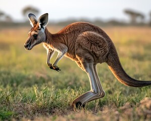 Red kangaroo hopping through a vast natural reserve
