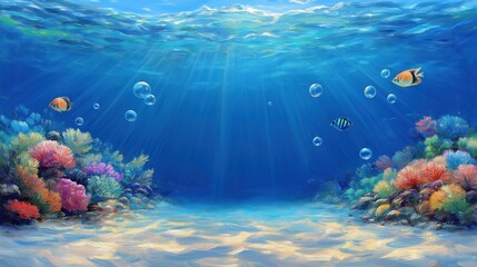 Fototapeta premium Painting of a coral reef with two fish swimming in the foreground. The painting is full of bright colors and has a peaceful, calming mood