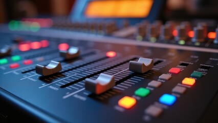 The audio mixing console is being actively used, featuring colorful illuminated buttons and sliders as sound engineers adjust levels for the recording