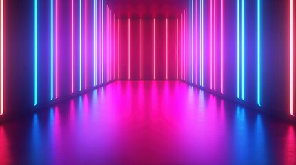 Neon-lit room with a long, narrow hallway. The walls are lined with neon lights in various colors, creating a vibrant and energetic atmosphere. The room is empty, with no furniture or people visible