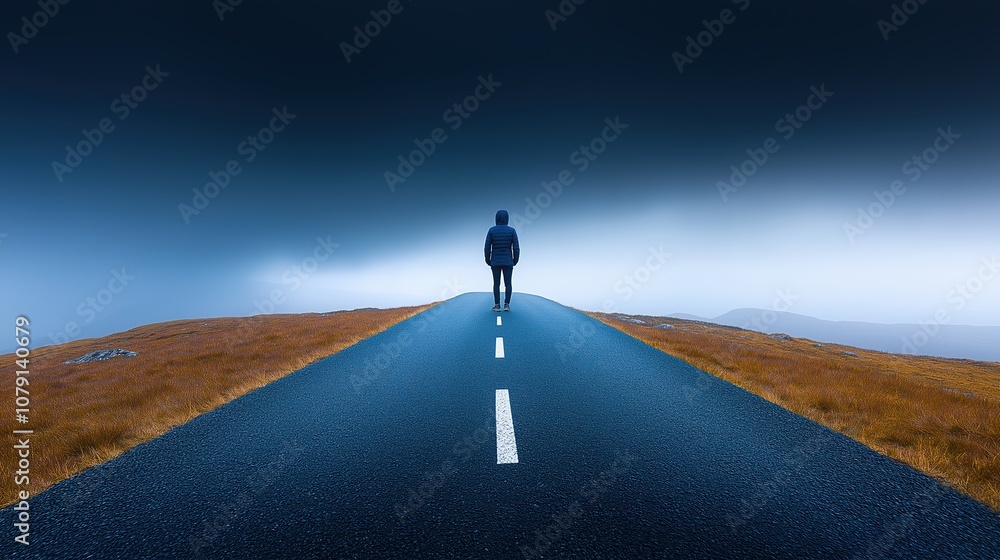 Poster man is walking down a road with a cloudy sky in the background. the road is empty and the man is the