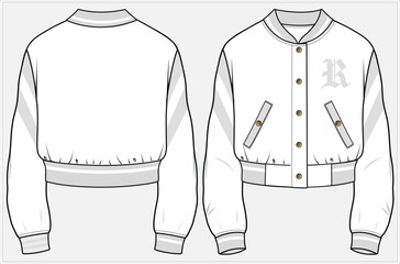 CROP LENGTH VARSITY BOMBER JACKET WITH WELT POCKET DETAIL DESIGNED FOR WOMEN AND TEEN GIRLS IN  VECTOR ILLUSTRATION FILE