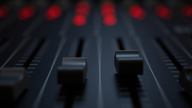 The focus is on several audio mixer faders set against a dark background, with red lights glowing above them, indicating an active music production environment