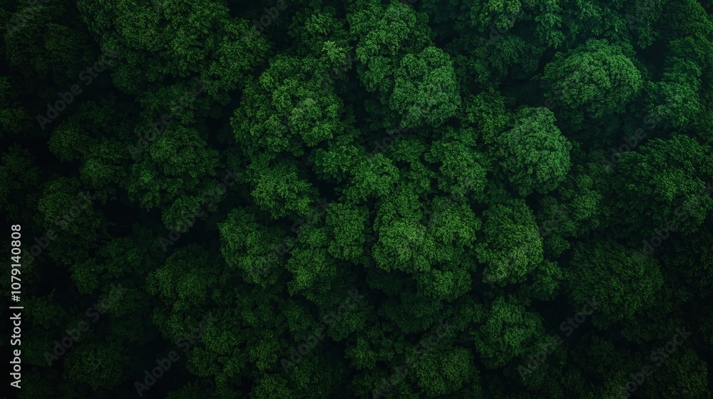Poster lush green forest with trees of various sizes. the trees are densely packed, creating a sense of dep
