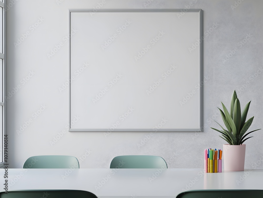 Poster modern workspace with empty wall and green chairs