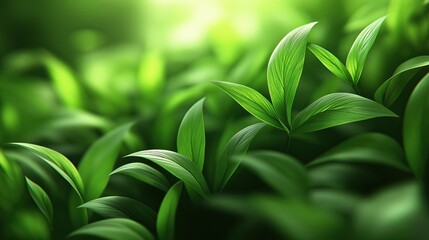Fototapeta premium Lush green field of leaves with a few drops of water on them. Concept of tranquility and serenity, as the leaves are in full bloom and the water droplets add a sense of freshness