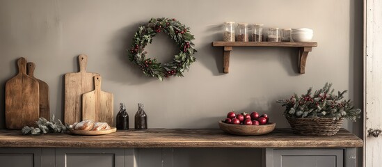 Christmas kitchen home decor arrangement featuring a rustic wooden shelf with a charming handmade wreath ideal for festive interior styling