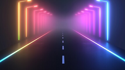 Long road with neon lights on the side. The lights are in different colors and are glowing