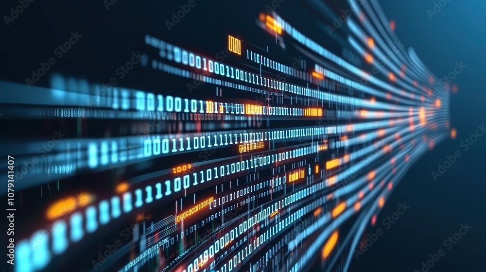 Aufkleber Long line of binary numbers with orange and blue colors. Concept of technology and complexity