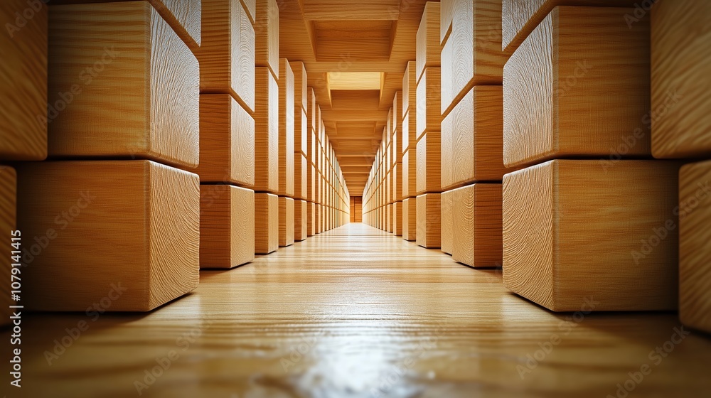 Poster long hallway with wooden blocks on the floor. the blocks are stacked in a way that they look like th