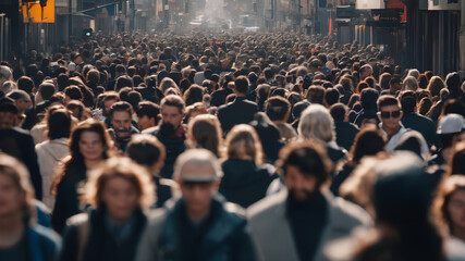 Busy street. Rush hour. crowd of shopping walking on busy fashion shop street.  AI generated image, ai