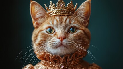 Fototapeta premium Regal Ginger Cat Wearing a Crown and Ornate Collar, Exuding Elegance and Charm Against a Dark Green Background, Ideal for Pet and Animal Lovers