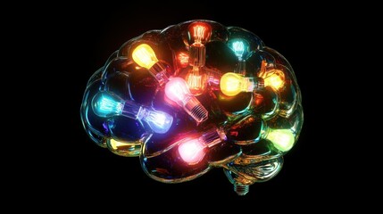 Human brain made of colorful lightbulbs, each glowing, symbolizing creativity and innovation, abstract background