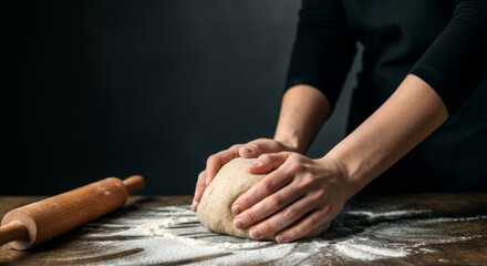 Baker kneading dough on floured surface with rolling pin