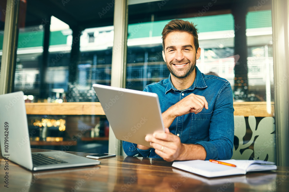 Poster Remote work, happy man and portrait in cafe with tablet, notes and multitask for startup management at laptop. Entrepreneur, smile and tech at table for planning with calendar update in restaurant