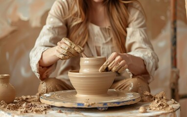 Hands of potteress in dirty studio making clay product on potter's wheel. Holistic peaceful leisure to unwind. Ceramist masters pottery. Crafted, artisanal, imperfect, organic, irregular texture