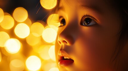 Enchanted Child Watching Glowing Lanterns at Loy Krathong Festival - Joyful Innocence Captured in a Moment of Wonder