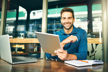 Remote work, happy man and portrait in cafe with tablet, notes and multitask for startup management...