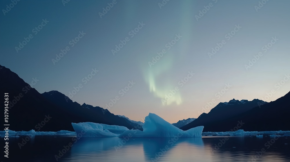 Aufkleber large iceberg is floating in the ocean with a beautiful aurora in the sky. the scene is serene and p