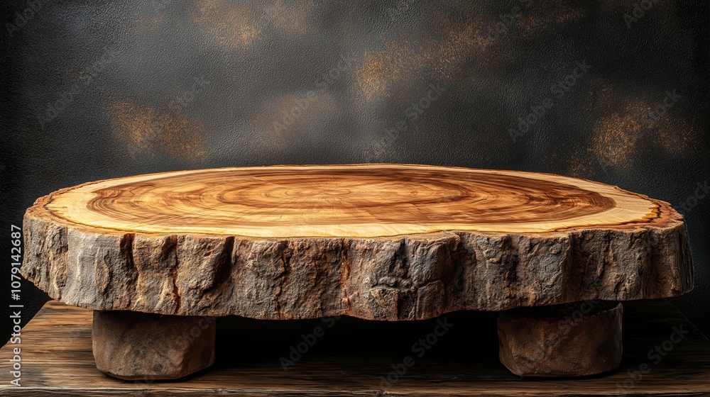 Poster large log is sitting on a wooden table. the log is rough and has a natural, rustic appearance. the t